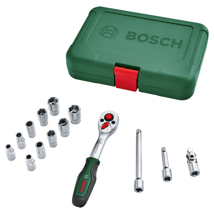 Bosch Ratschen / ¼"-Steckschlüsselsatz, 14-teilig (hochwertiger und vielseitiger Steckschlüsselsatz