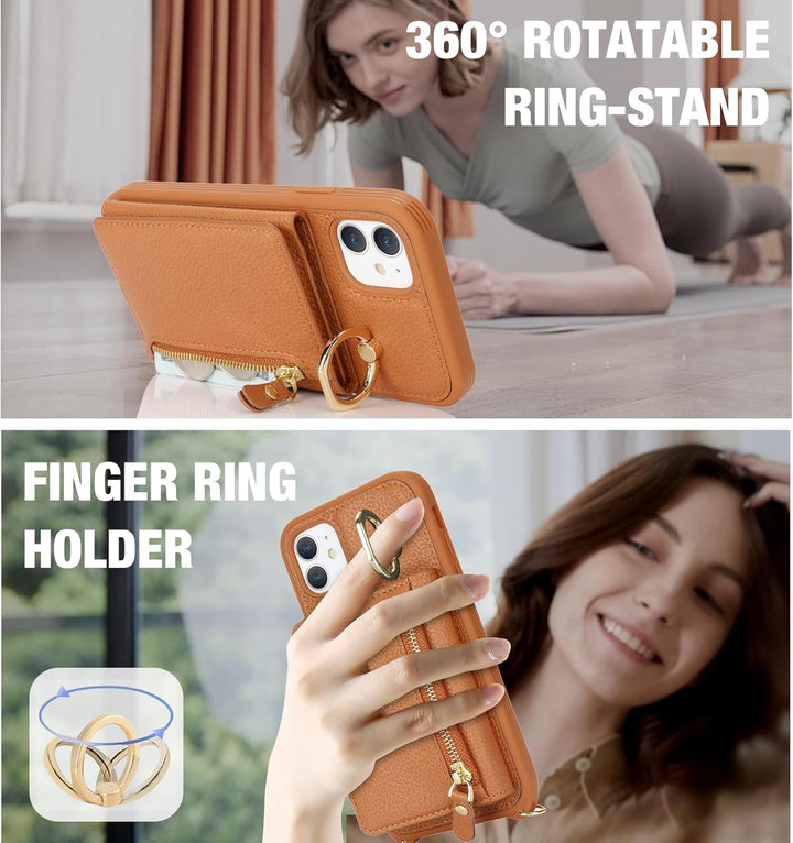 ELTEKER Handyhülle für iPhone 11 Hülle mit Band Kartenfach Ringhalterung Geldbörse,Leder Klapphülle
