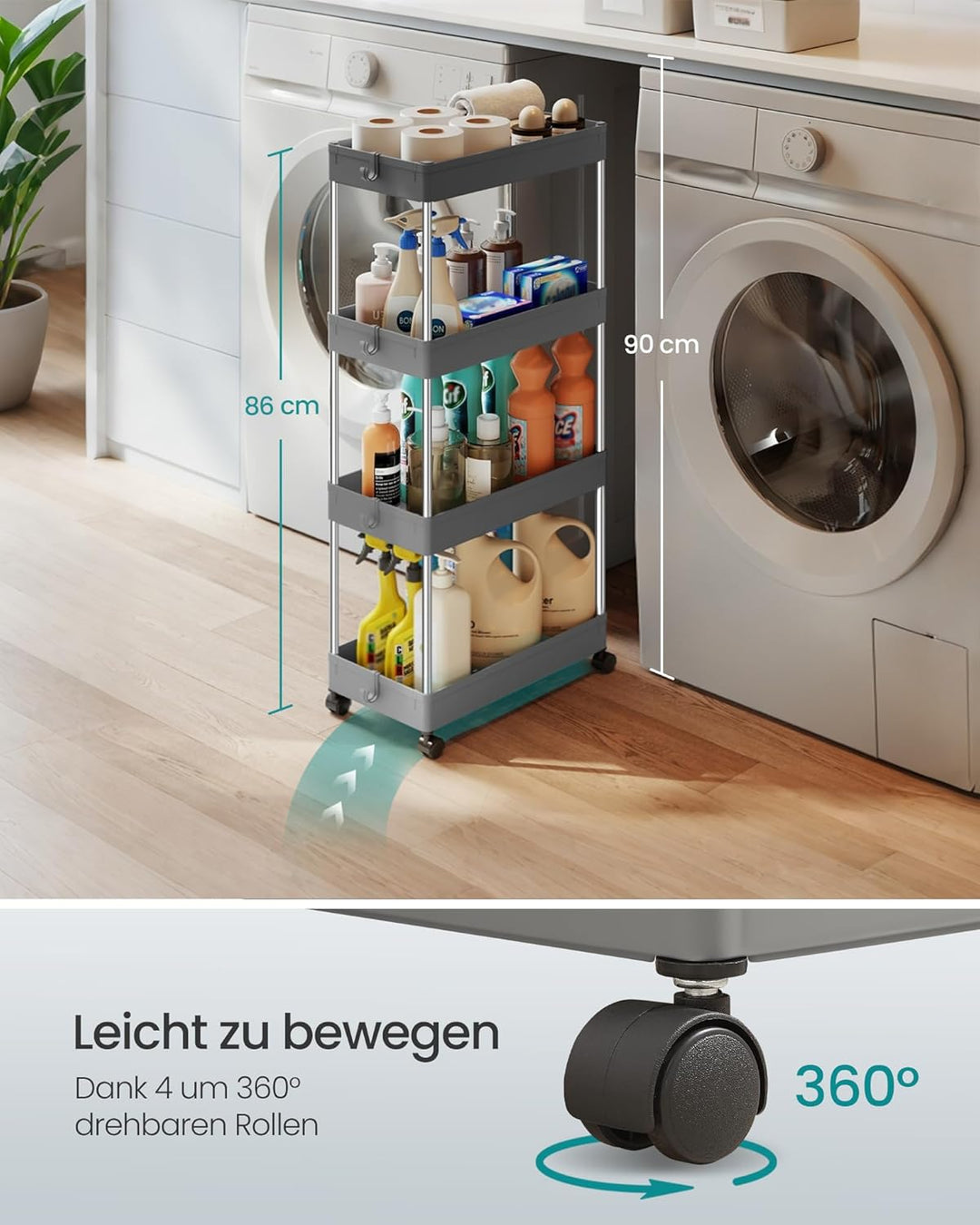 SONGMICS Rollwagen, Küchenwagen, Küchenregal, Nischenregal, mit 6 Haken, 360° drehbare Räder, Stahlg