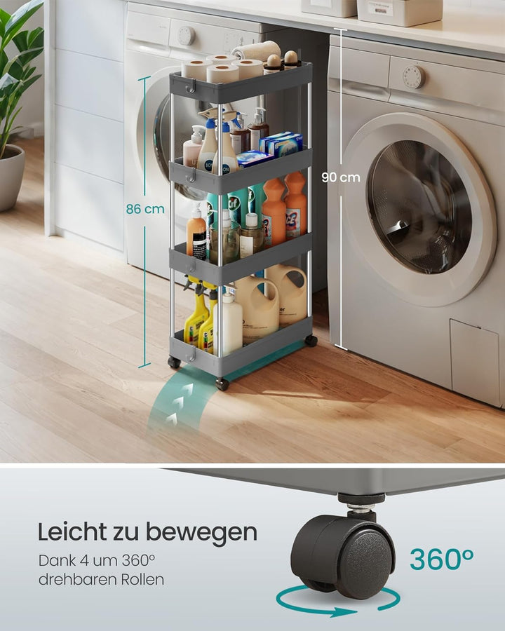 SONGMICS Rollwagen, Küchenwagen, Küchenregal, Nischenregal, mit 6 Haken, 360° drehbare Räder, Stahlg