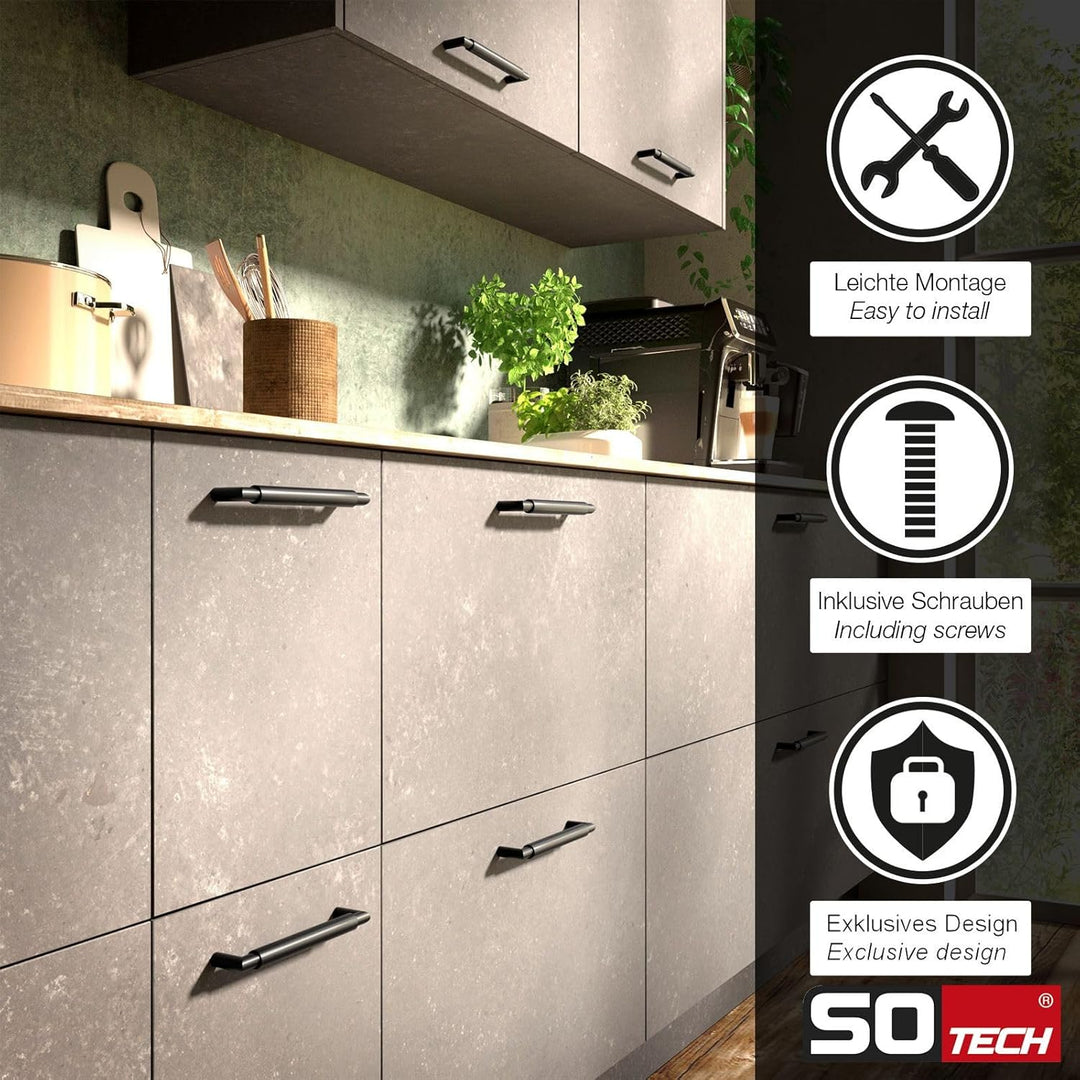 10 x SO-TECH® Möbelgriff Schubladengriff E9 echt Edelstahl schwarz matt BA 128 mm/Ø 16 mm mit Sockel