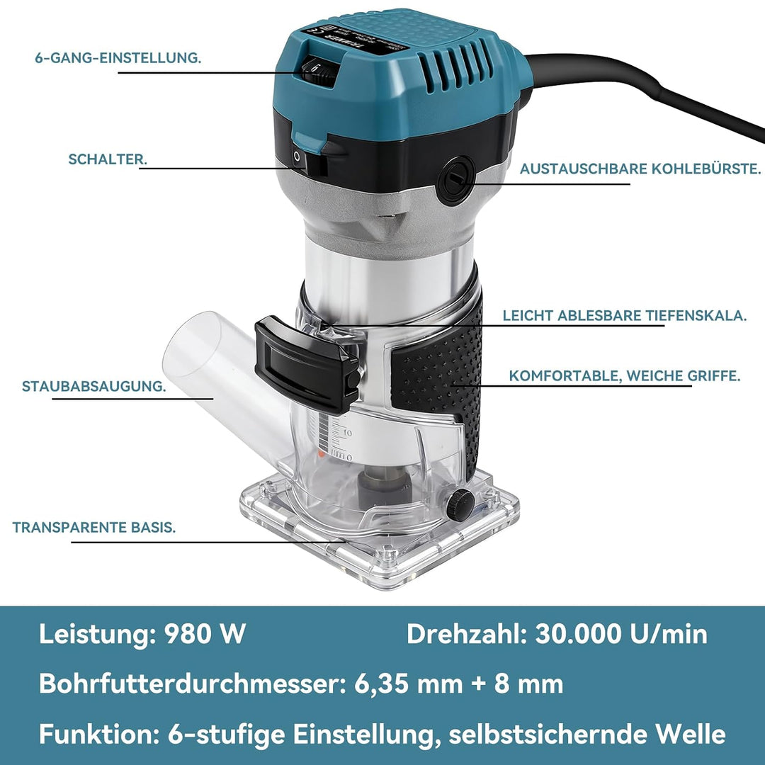 Kantenfräse, 1000W 30000 U/min Oberfräse Trimmer mit Staubabsaugung, 6 Gang Einhandfräse mit 15 Fräs