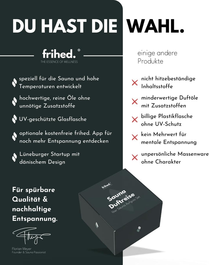 frihed.® Saunaaufguss Duftreise Probierpaket - Hochkonzentrierte Öle - 16x verschiedene Düfte - Gesc