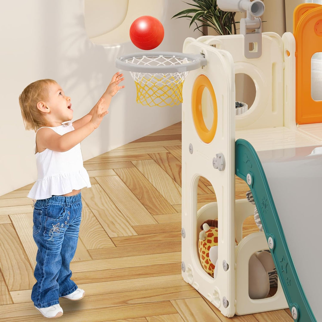 hoopyosms Kinder Rutsche Mit Klettergerüst, Basketballkorb Und Tunnel, Indoor-Kunststoffrutschenset