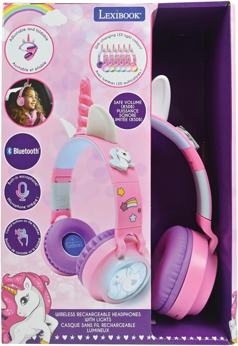Lexibook, Faltbarer beleuchteter Bluetooth®- und kabelgebundener Kopfhörer mit 3D-Einhorn-Design und