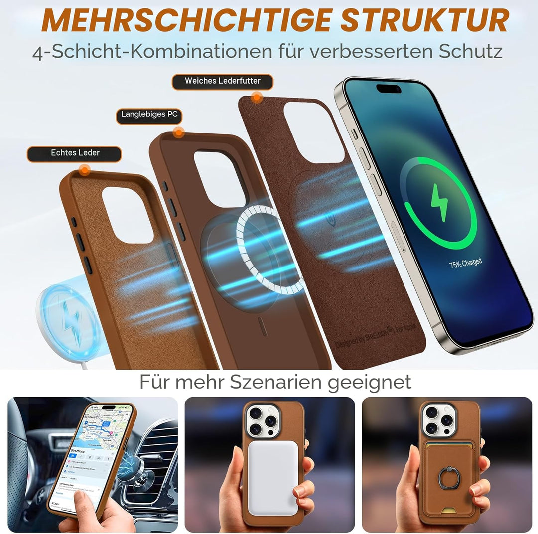 SHIELDON Hülle für iPhone 15 Pro Handyhülle Case [Echtleder] [Kabellos Laden] [Magnet] [Ultra Dünn]