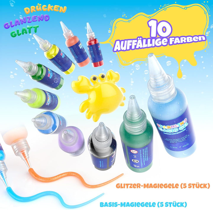 Hot Bee Wassergel Bastelset für Kinder 3-8 Jahre, Squishy selber machen Set mit 10 Gel-Flaschen & 8