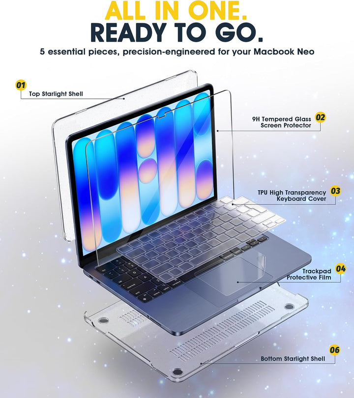 NEWZEROL Hülle + 3 Stück Schutzfolie Kompatibel für MacBook Neo, Glitzer Hülle + Gehärtetes Glas + T