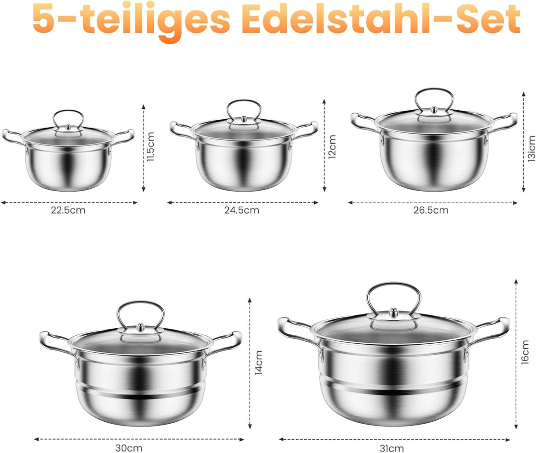 Topfset aus Edelstahl, Grosses Kochgeschirr Induktion-Kochtopf-Set, Töpfe mit Glasdeckel und Stielka