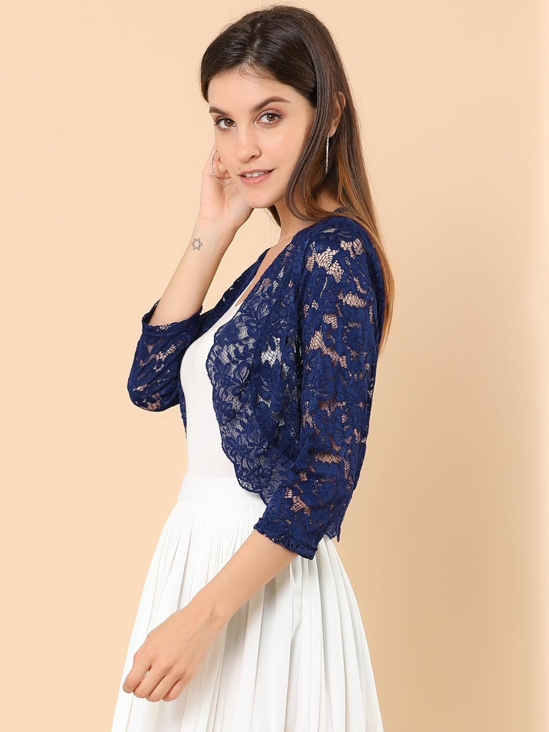 Allegra K Elegantes Damen-Oberteil mit 3/4-Ärmeln, durchscheinend, florales Spitzenoberteil M Navy,