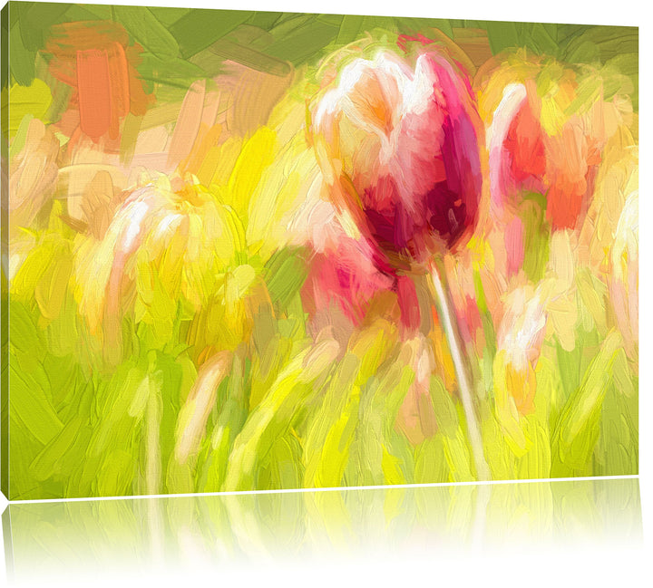 Pixxprint Blühende rote Tulpen Kunst als Leinwandbild/Grösse: 100x70 cm/Wandbild/Kunstdruck/fertig b