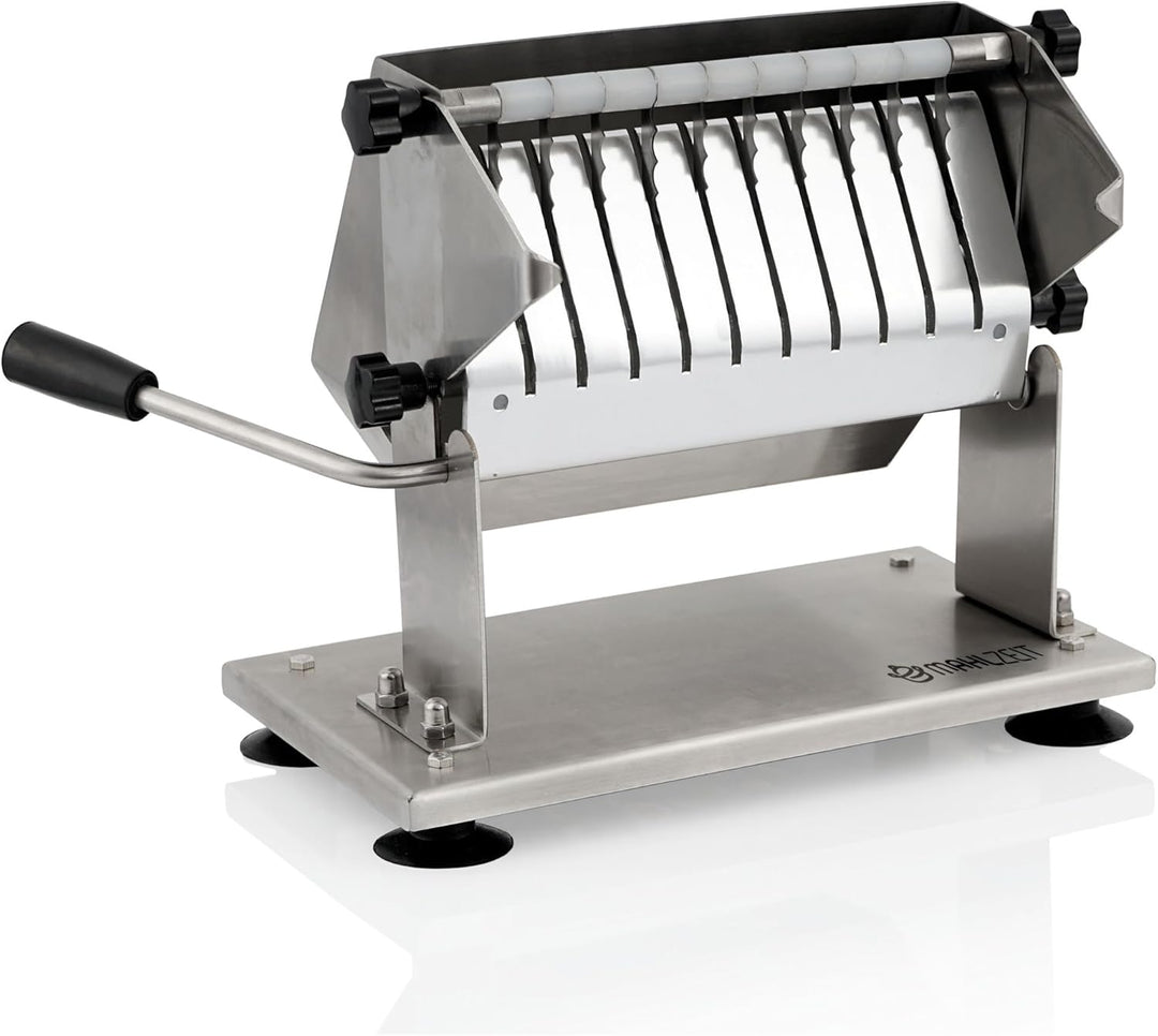 Mahlzeit Edelstahl Currywurstschneider für 18 mm Scheiben | 10 extra scharfe Messer mit Wellenschlif
