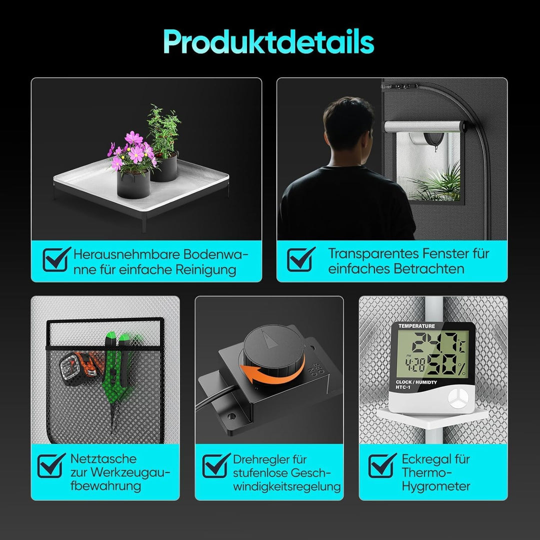 Growzelt Komplettset mit M1500 LED Vollspektrum Grow Lampe 80x80x160cm Grow Tent 4" 215 CFM 3000RPM