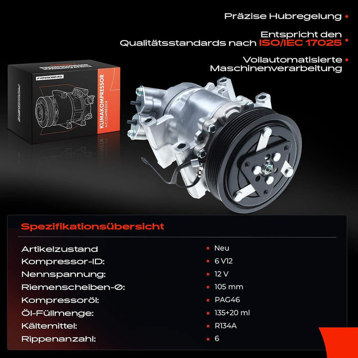 Frankberg Klimakompressor Klimaanlage 2-Polig für Clio II BB CB 1.9L 1998-2005 Kangoo KC0/1 1.9L 199