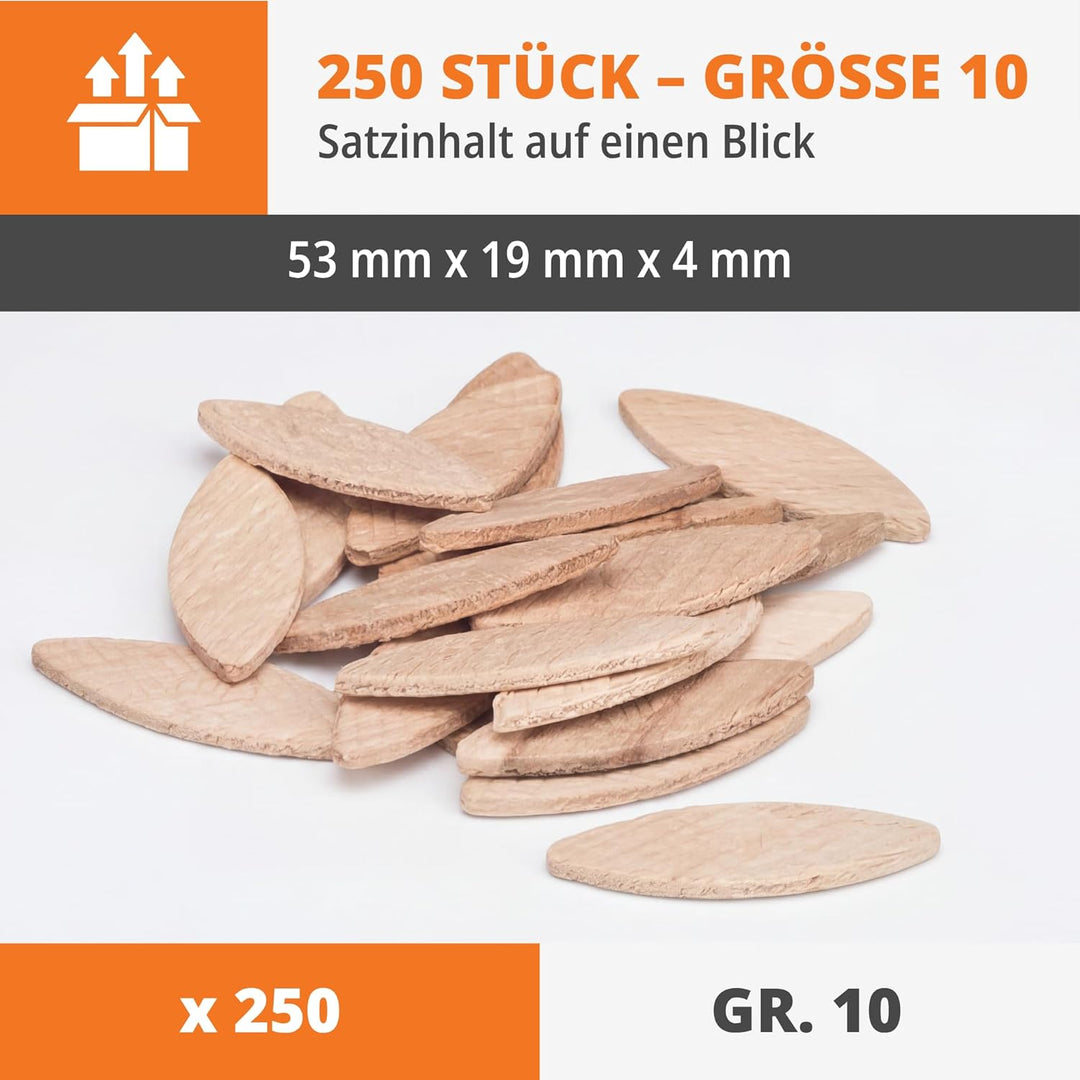 Flachdübel Grösse 10 von WFix | 250 Stück | Buchen Dübel in Eurobox | Kompatibel mit Dübelfräse & La