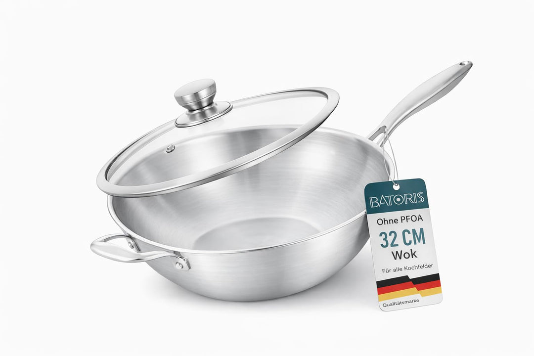 Edelstahl Wokpfanne 32 cm mit Glasdeckel – Ohne Beschichtung – für Induktion & Gas – für alle Herdar