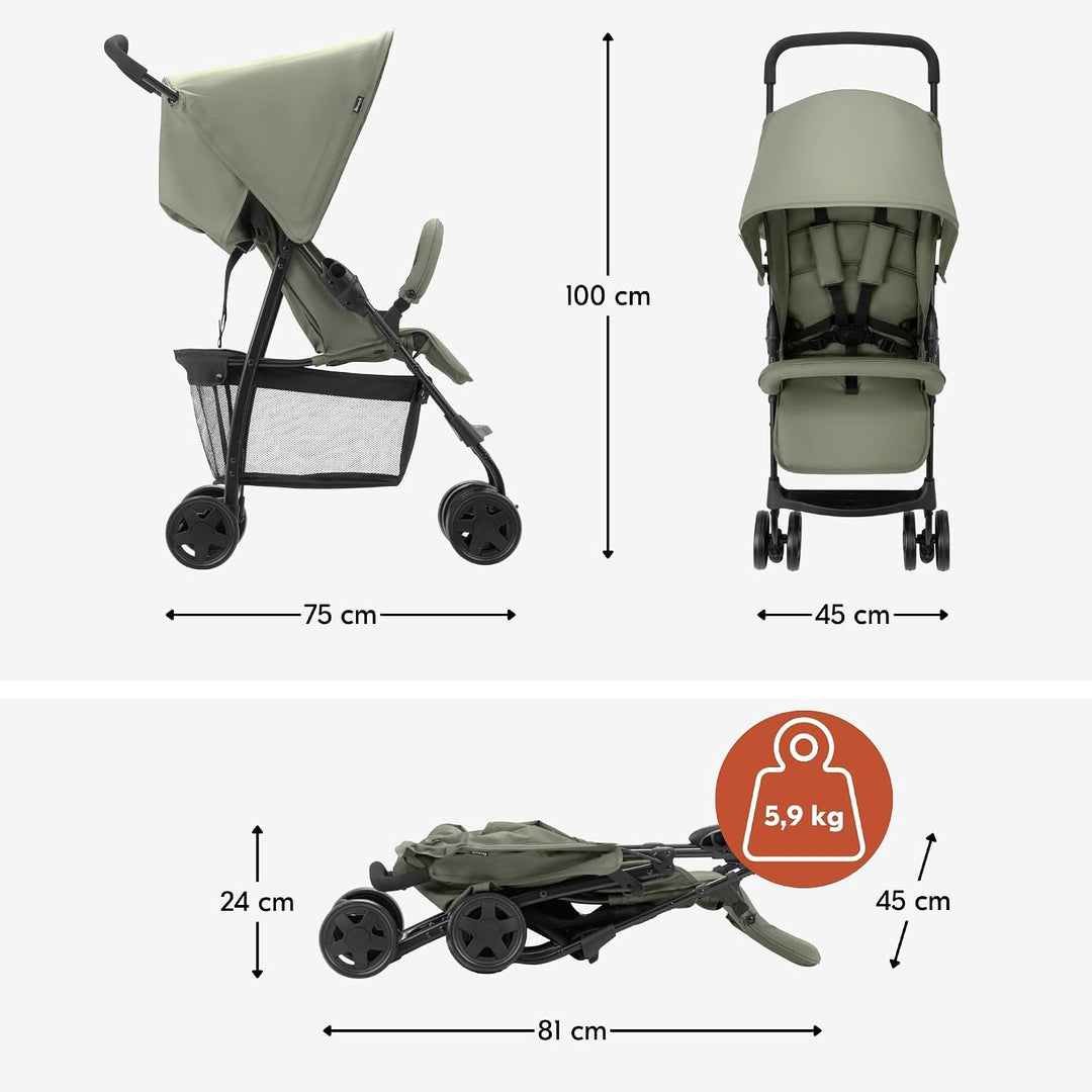 hauck Buggy Sport, Olive - Federleichter Reisebuggy 5,9 kg - mit Liegefunktion für Kinder ab Geburt