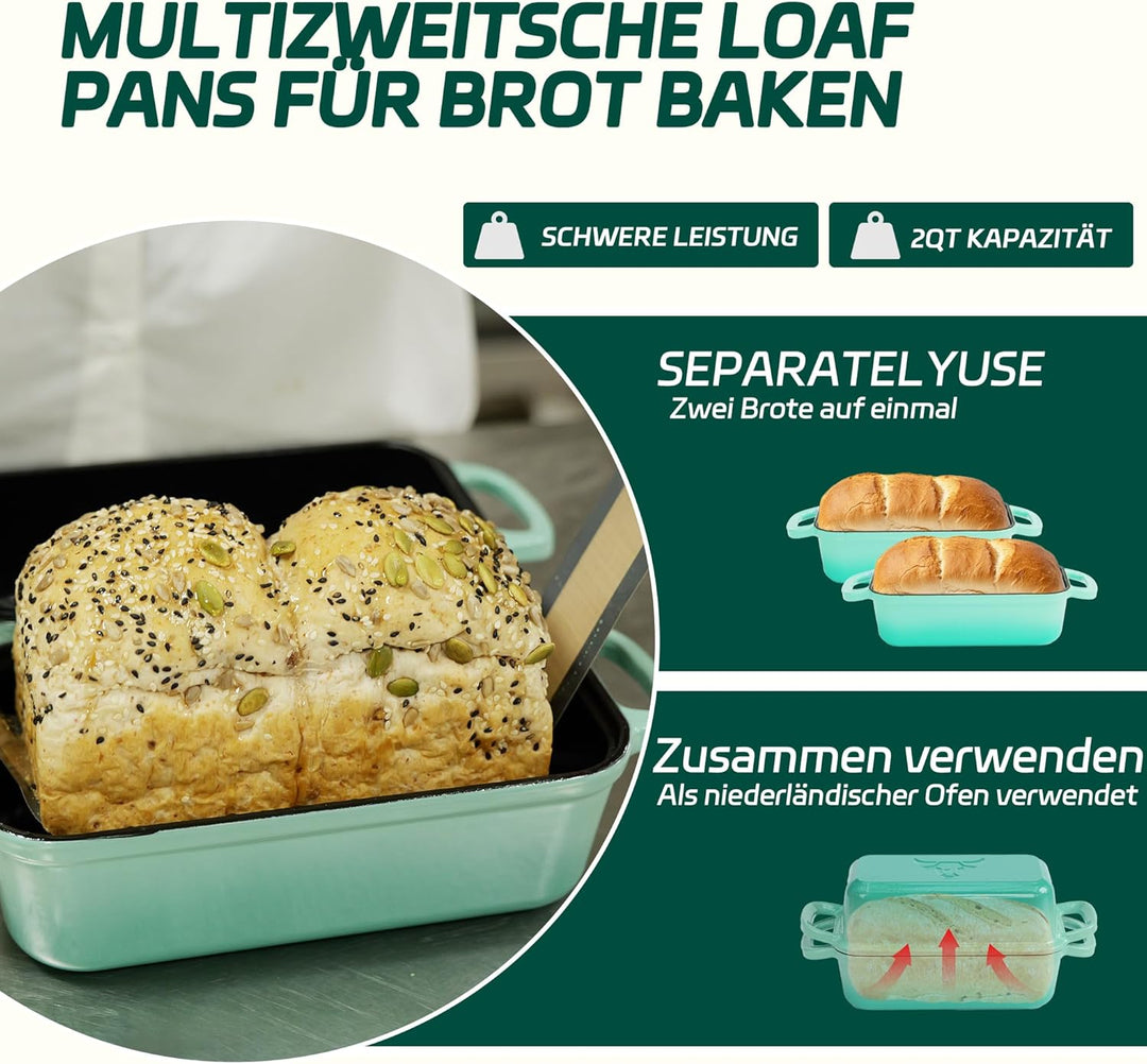 Brotbackform aus Gusseisen mit Deckel, Gusseisen Topf Brot Backen mit 2 Brotmatten Silikon, Emaille