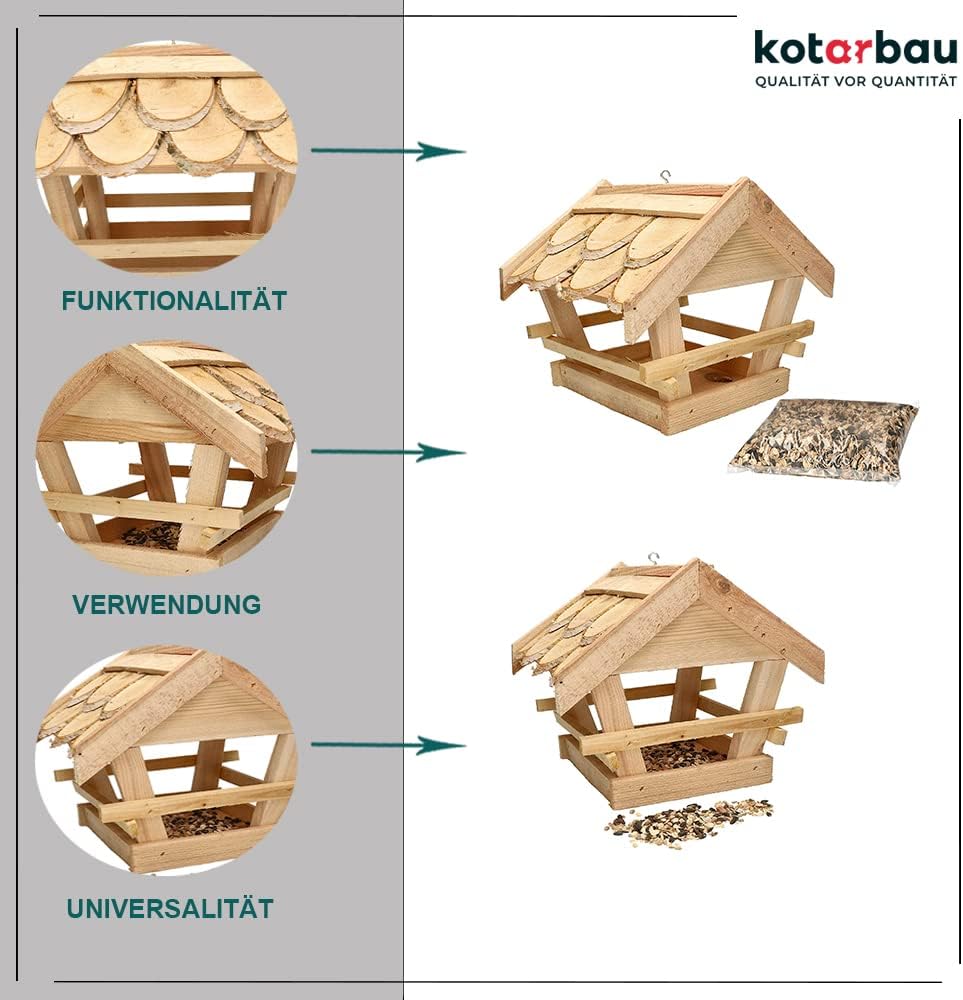 KOTARBAU® Holz-Vogelfutterhaus mit Schindel gedeckt zum Aufhängen + 0,5 kg Futter Gratis