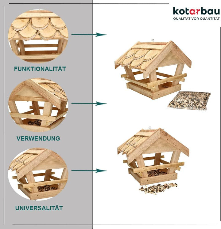 KOTARBAU® Holz-Vogelfutterhaus mit Schindel gedeckt zum Aufhängen + 0,5 kg Futter Gratis