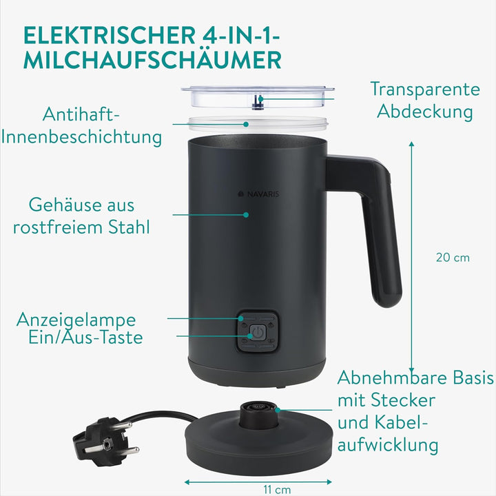 Navaris Elektrischer Milchaufschäumer 4 in 1 - Mit 2 Rührbesen - Automatische Abschaltung - Milchsch
