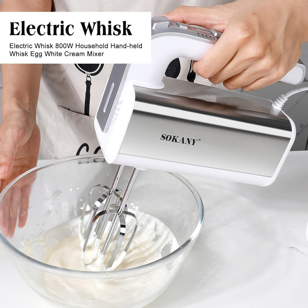 SOKANY 800W Handrührgerät Edelstahlkneter Handmixer, 5 Geschwindigkeiten mit Exit-Taste, Handrührer
