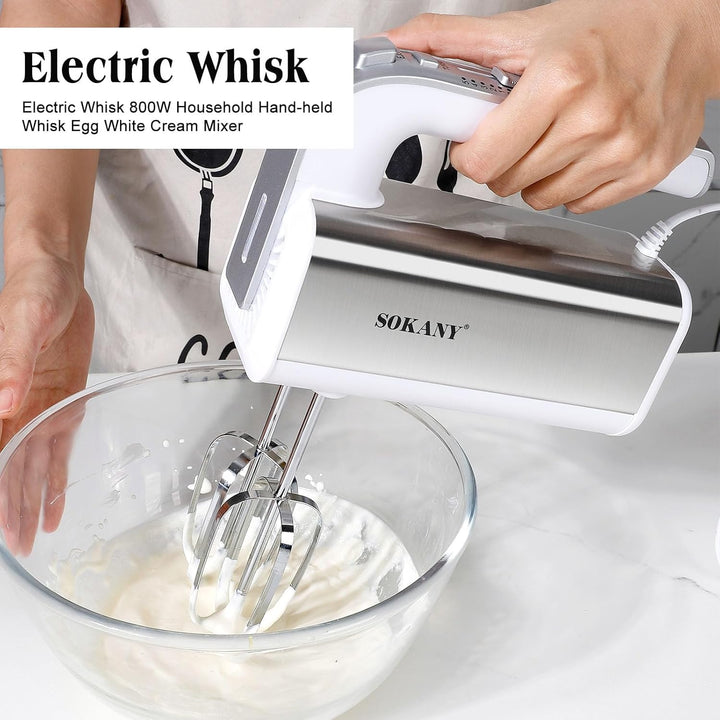 SOKANY 800W Handrührgerät Edelstahlkneter Handmixer, 5 Geschwindigkeiten mit Exit-Taste, Handrührer