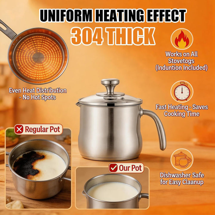 2L Milchtopf Edelstahl mit Glasdeckel und Ausgiesser, Kochtopf Induktion mit Griff, Simmertopf Puddi
