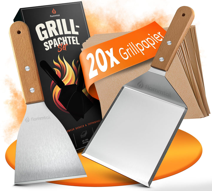 flammtal [Das Original] - Smash Burger Set mit 20x Burgerpapier - Grillspachtel Set aus Edelstahl -