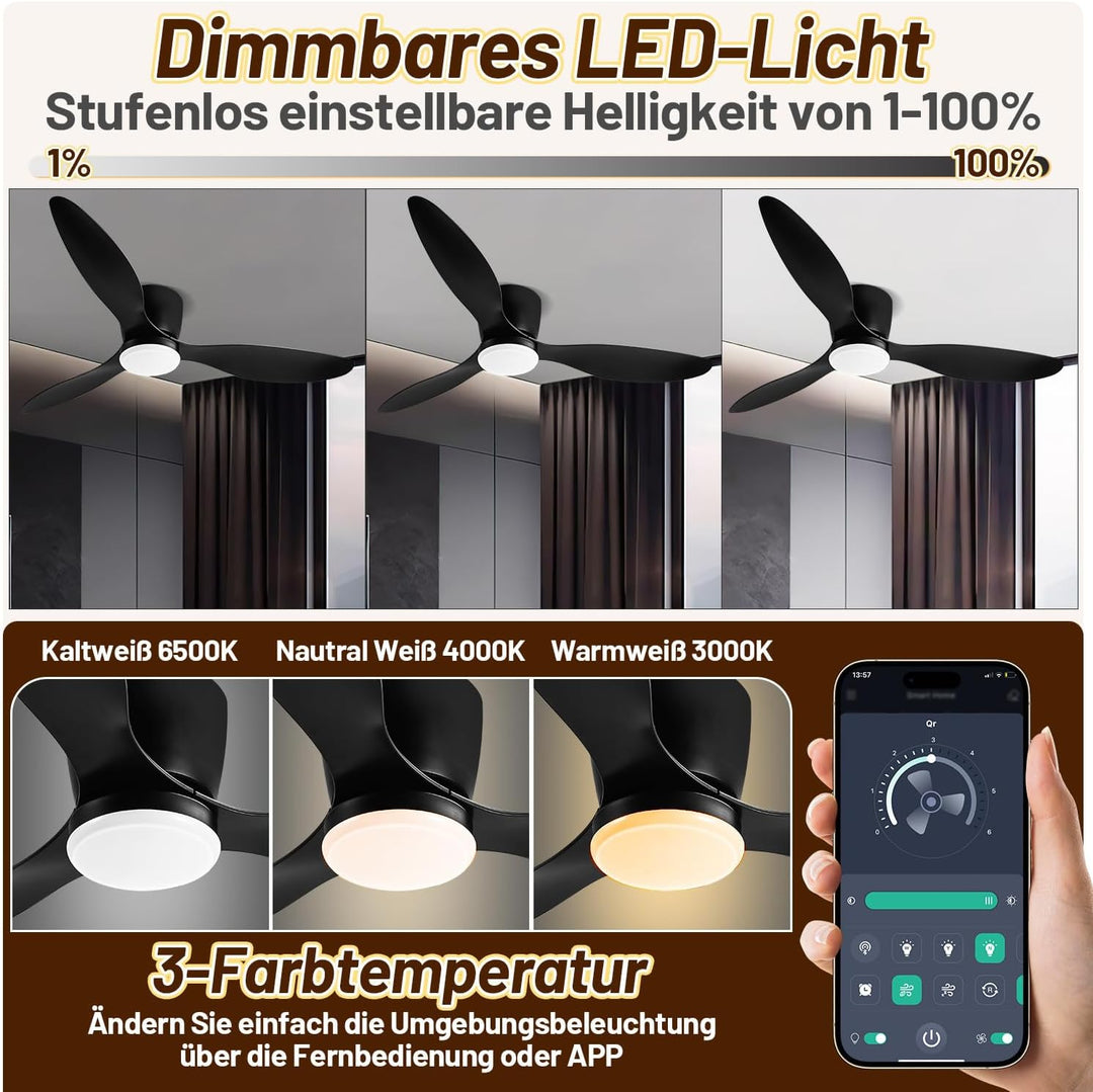 Deckenventilator mit Beleuchtung und Fernbedienung, Ø 132 cm Deckenlampe mit Ventilator dimmbar, 3 F