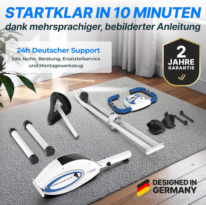Ultrasport F-Bike, Fahrradtrainer, Heimtrainer, klappbarer Hometrainer, LCD Display, opt. Handpulsse