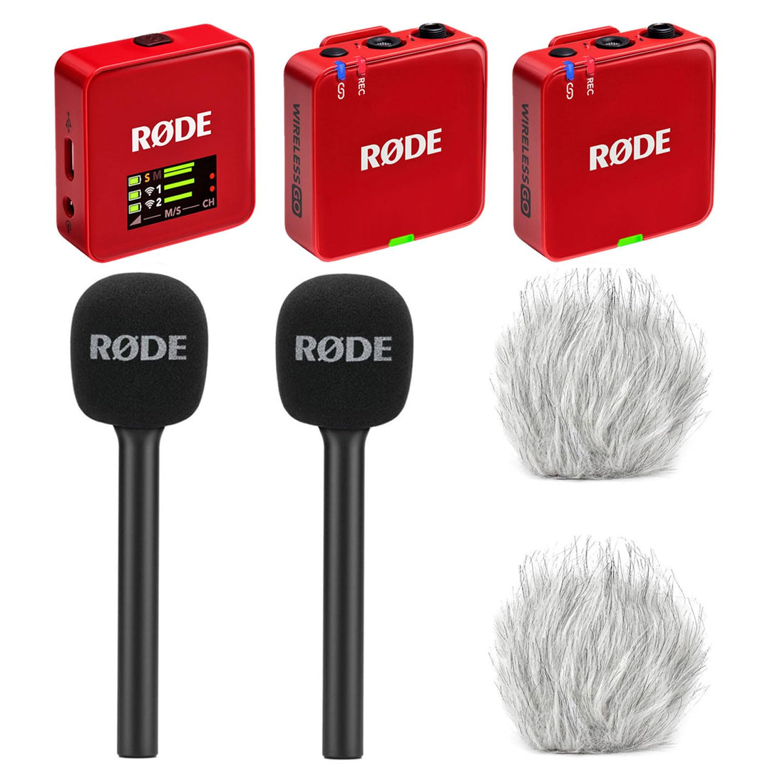 Rode Wireless GO Gen 3 Drahtloses 2-Kanal Mikrofon-Funksystem Rot mit 2X Interview GO Handadapter un