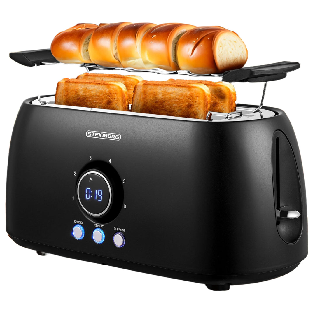 XXL Toaster 4 Scheiben mit Brötchenaufsatz | Toaster Schwarz | Digitales Display | Toastautomat | Au