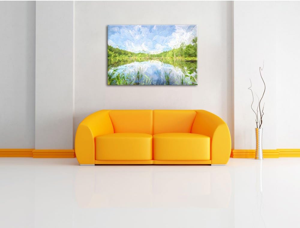 See im Wald Pinsel Effekt, Format: 100x70 auf Leinwand, XXL riesige Bilder fertig gerahmt mit Keilra