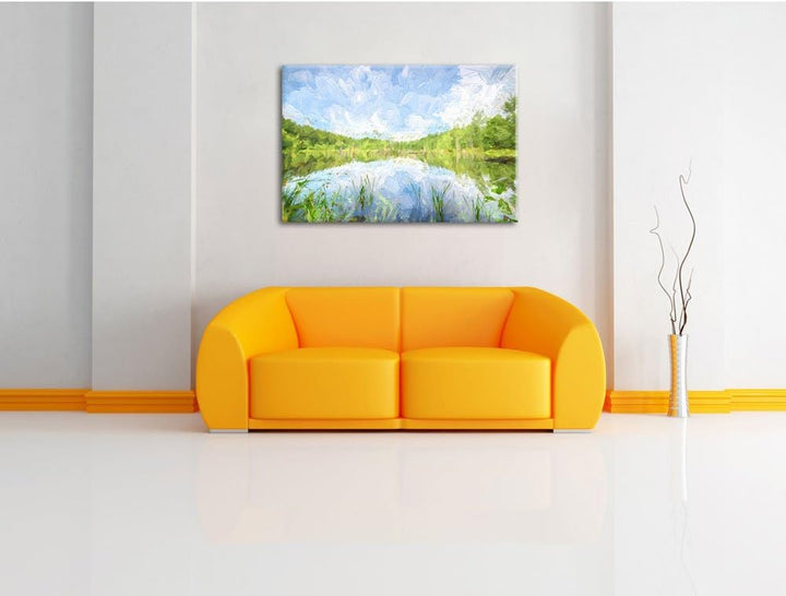 See im Wald Pinsel Effekt, Format: 100x70 auf Leinwand, XXL riesige Bilder fertig gerahmt mit Keilra