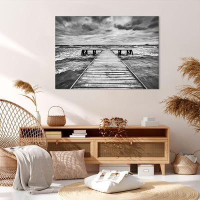 Bilder auf Leinwand 100x70cm Leinwandbild mit Rahmen Brücke Meer Welle Gross Wanddeko Bild Schlafzim