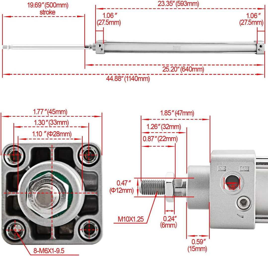 Heschen Pneumatischer Standard-Luftdruckzylinder, SC 32-500, PT1/8 Anschluss, 32mm Bohrung, 500mm Hu