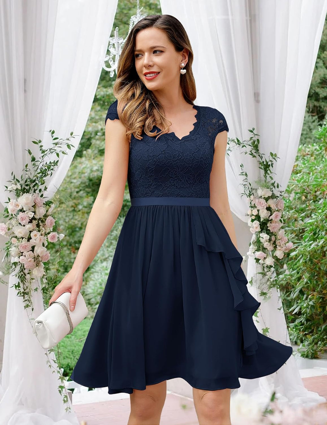 Wedtrend Cocktailkleid Damen Knielang Abendkleid Elegant für Hochzeit Elegant A Linie Rüschenkleid M