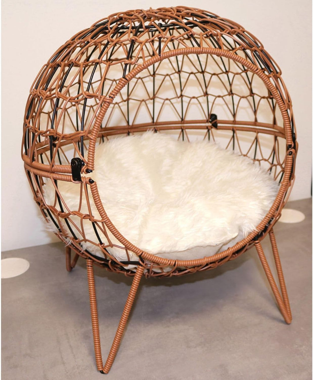 BURI Heimtier Schlafkörbchen Rattan mit Kissen 45x50cm Katze Katzenbett Kugel Schlafplatz
