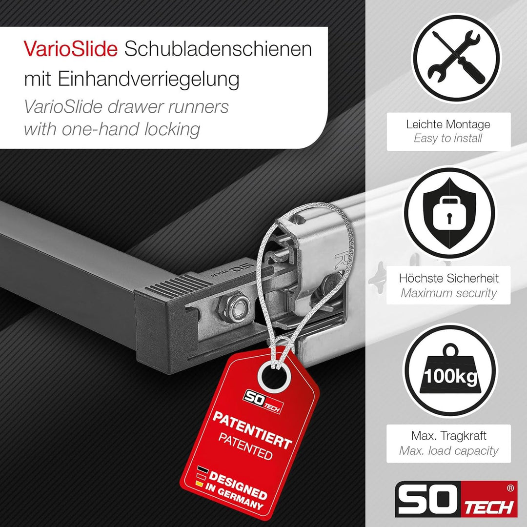 SOTECH VarioSlide Pat. Schubladenschienen Komplettset Schwerlastauszug KV2-100-H53-400 EH 400 mm bis