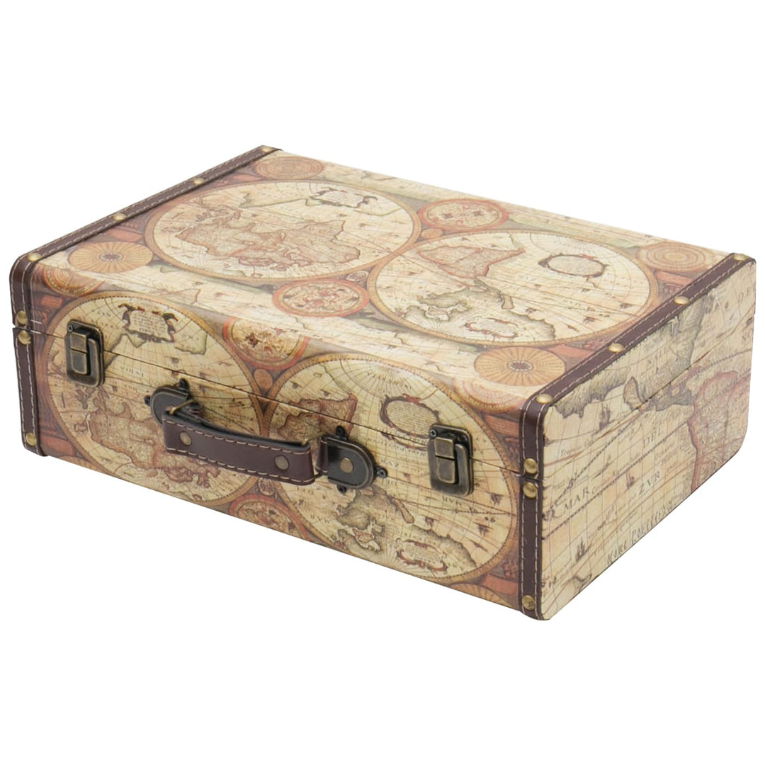 HMF Vintage Deko Koffer aus Holz, Aufbewahrungsbox mit Deckel und Ledergriff, stilvolle Aufbewahrung