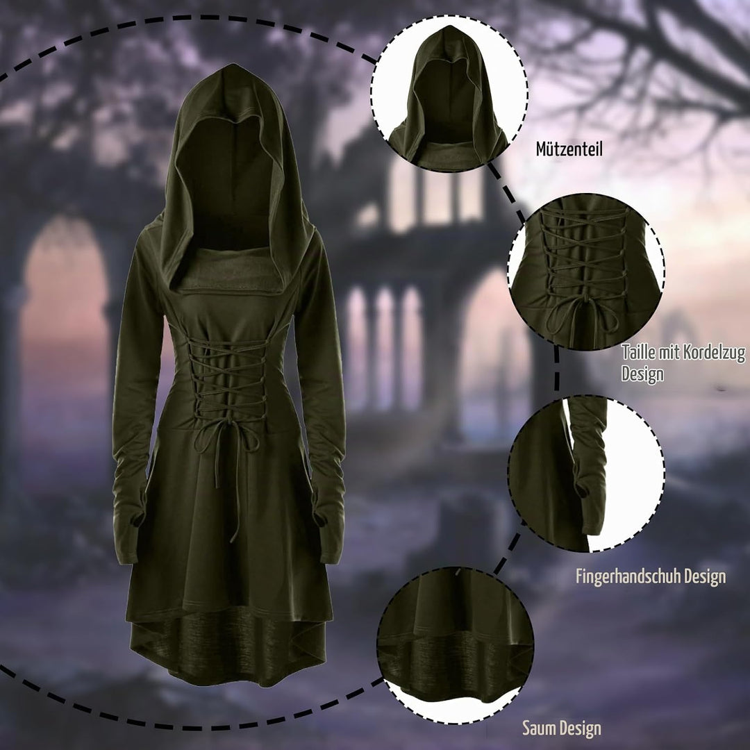 CNVAUIE Renaissance Kostüm Damen Gewand Mittelalterliches Kapuzenkleid Gothic Kleid Cosplay für Hall