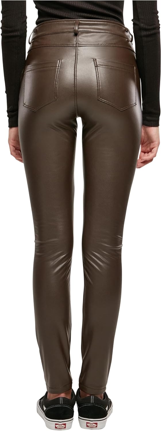 Urban Classics Damen Ladies Mid Waist Synthetic Leather Pants 27 Brown, 27 Brown