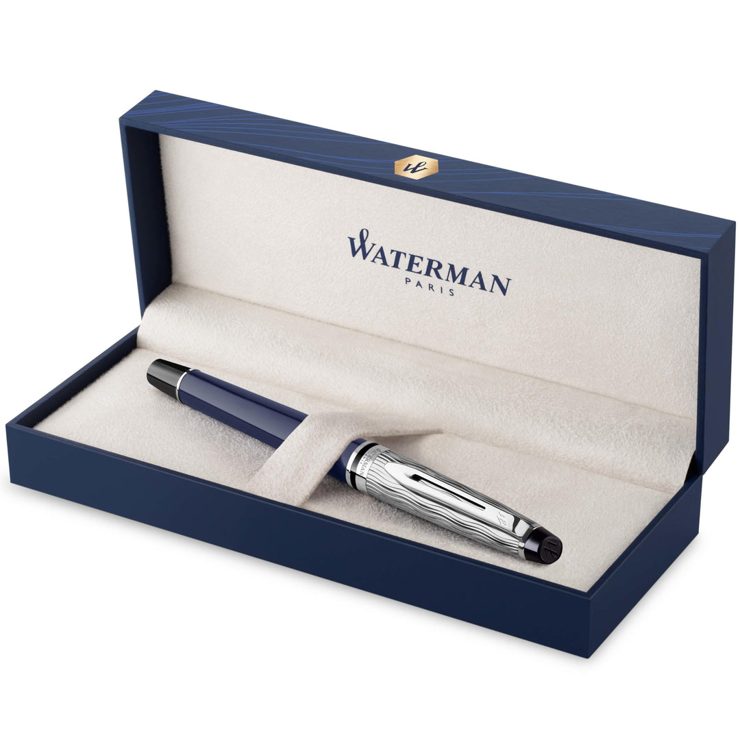 Waterman Expert Füller | Metall und blaue Lackierung | ziselierte Kappe | mittlere Feder aus Edelsta
