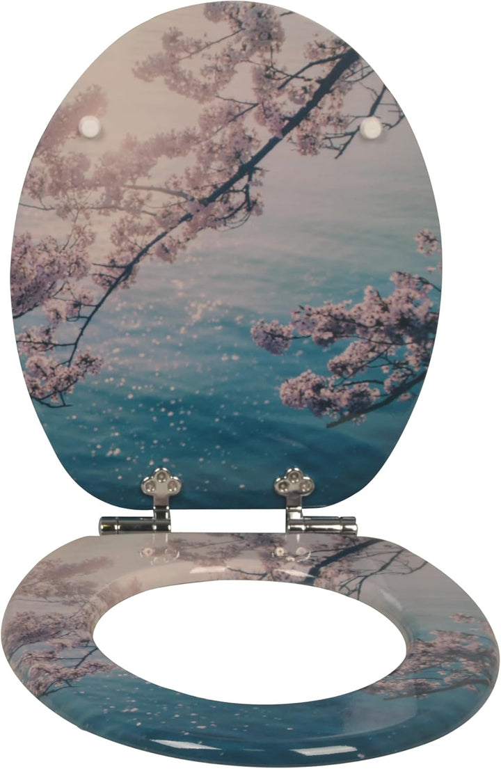 sanicomfort WC Sitz Cherry Blossom, MDF Holzkern, mit Absenkautomatik, Toilettensitz mit Klodecken,