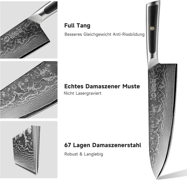 Sunnecko Damastmesser Kochmesser 20cm, damastmesser küchenmesser aus Japanischer VG10 Cored&67-Schic