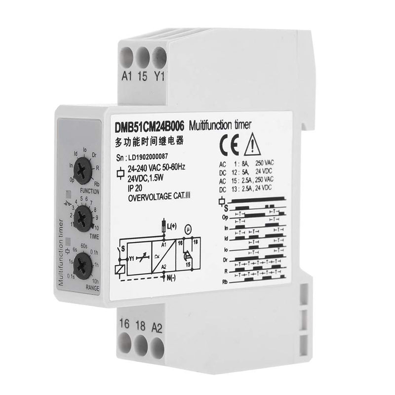 Zeitrelais,Time Relay DC 24V & AC 24-240V Mehrspannungs Zeitrelais Verzögerungsschalter AUS mit 7 Fu