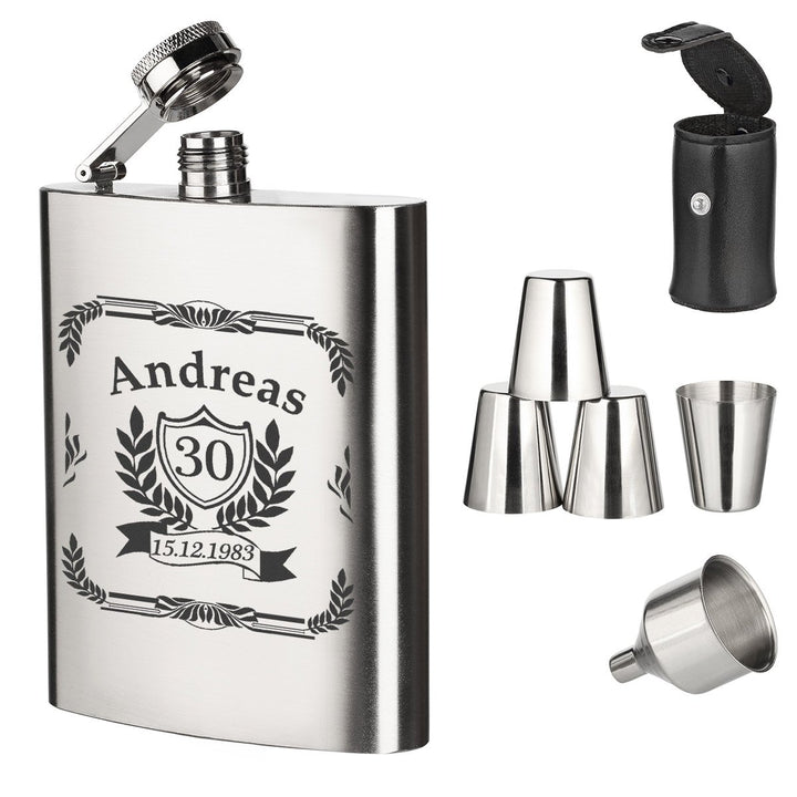 polar-effekt 7-TLG. Edelstahl Flachmann Geschenk-Set mit Gravur - Schnapsflasche 195ml mit Trichter
