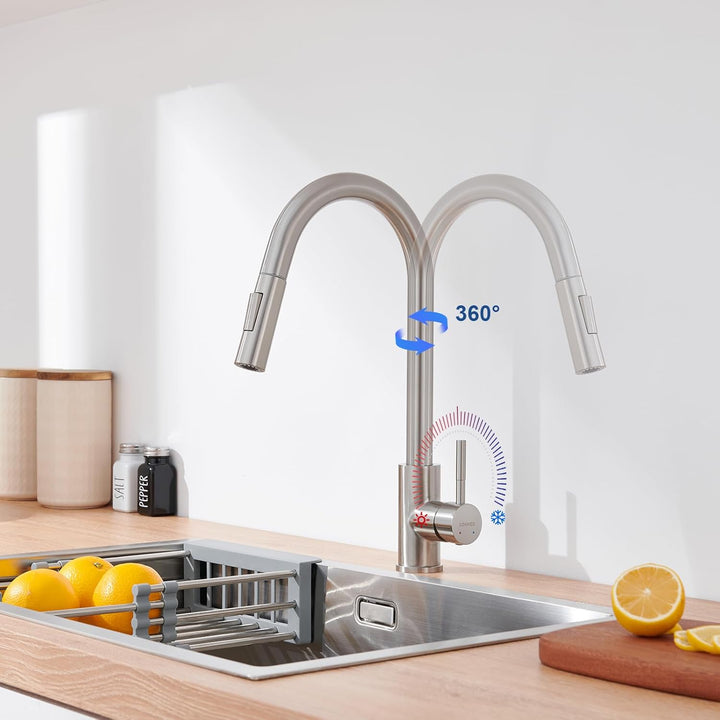 LONHEO Küchenarmatur mit Brause Ausziehbar, Hochdruck Wasserhahn Küche Edelstahl Mischbatterie Küche