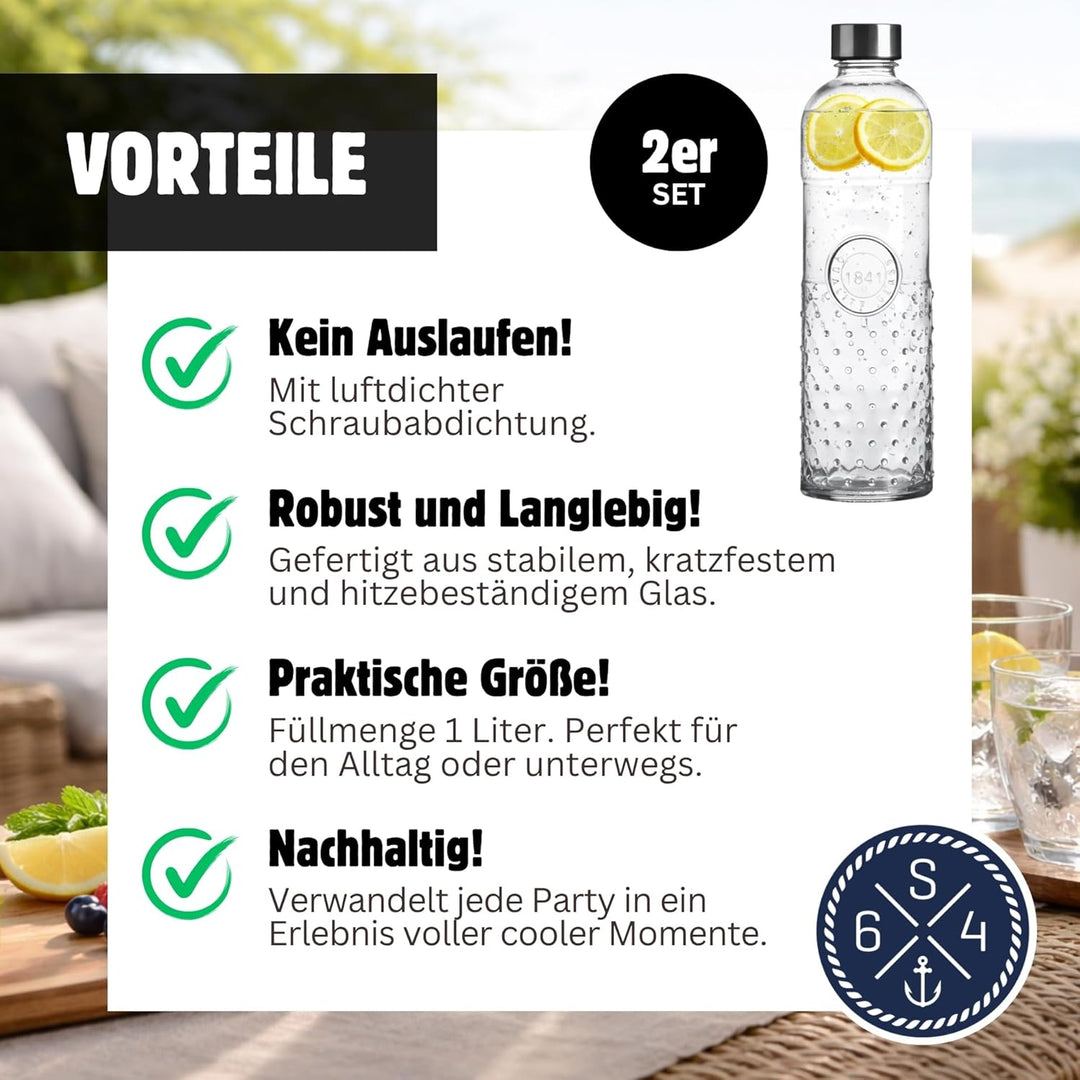 Seaside No.64 - Glasflasche Wasserflasche Trinkflasche Karaffe Blumenvase - transparent Retro Vinatg